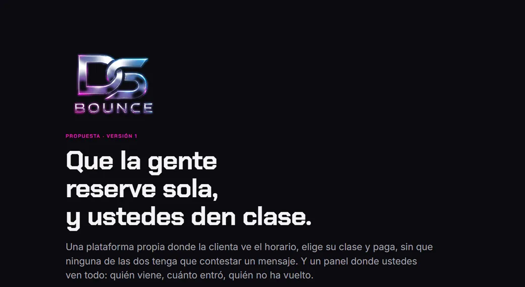 Portada de la propuesta para DS Bounce: página oscura con logo cromado y el titular 'Que la gente reserve sola'