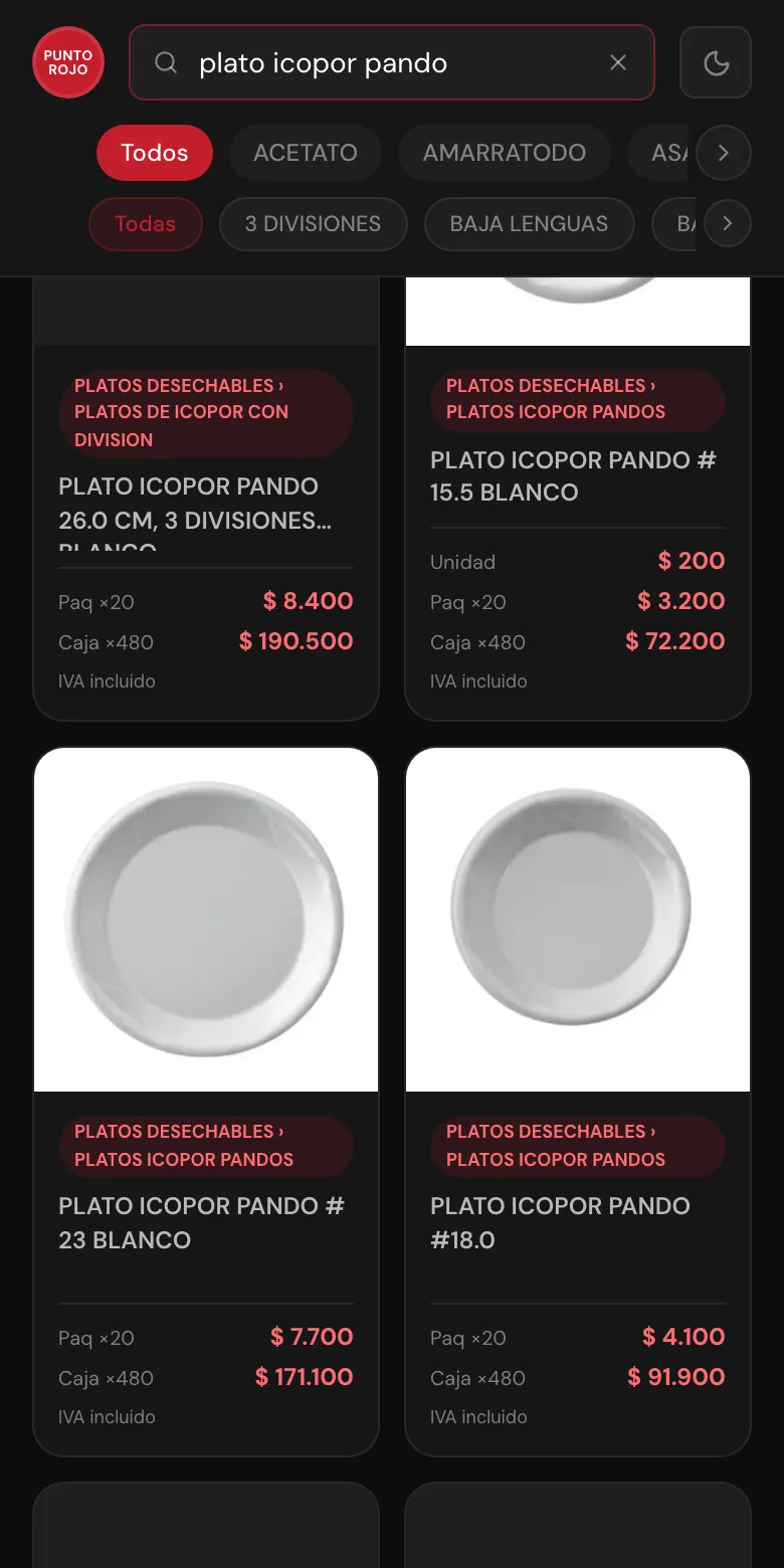 Punto Rojo public catalogue on a phone: search, categories and three icopor plates with prices per unit, pack and box